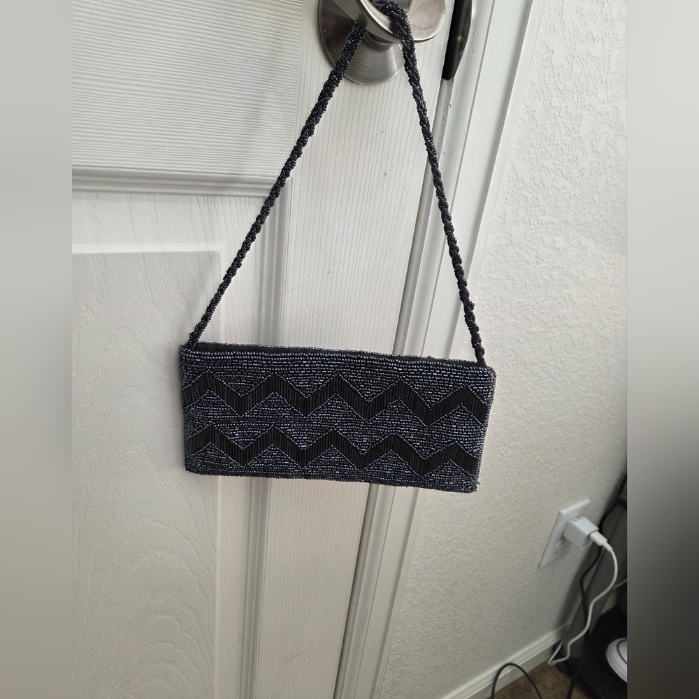 Blue Chevron Beaded Evening Bag In Excellent Condition